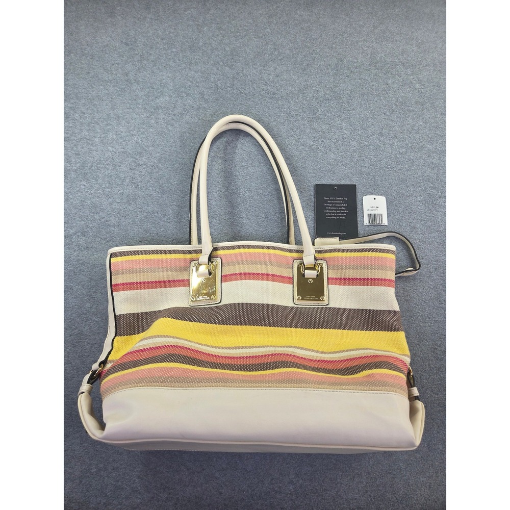 London Fog Multi Color Striped Canvas Large Shoulder Tote Bag Purse NWT